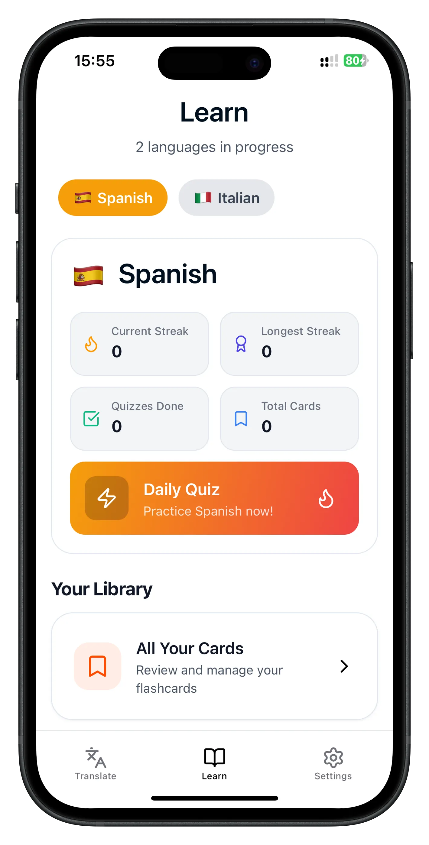 Translatez 'Learn' deck showing saved words